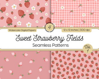 Strawberry Seamless Patterns, Watercolor Berry Digital Papers, Summer Fruit Pattern, Dusky Pink Gingham Scrapbook Background, Commercial Use