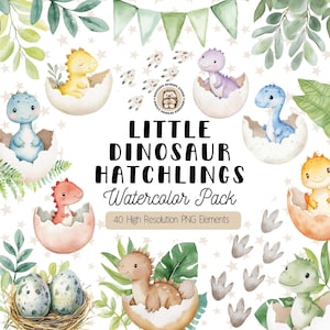 Peut inclure: Illustration à l'aquarelle de bébés dinosaures éclosant d'œufs. L'image comprend divers dinosaures colorés, du feuillage vert et le texte "Little Dinosaur Hatchlings Watercolor Pack". L'image a un style fantaisiste et ludique.