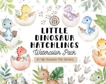 Watercolor Dinosaur Clipart Bundle: Hatching Baby Dino PNG Set (Digital Download, Commercial Use)