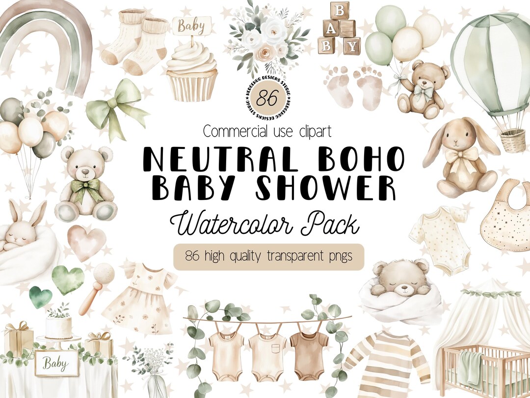 Neutral Boho Baby Shower Clipart, Watercolor Baby Clip Art, Gender ...