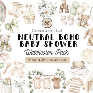 Clipart neutro Boho Baby Shower, Clip Art acquerello per bambini, Grafica neutra per baby shower, PNG per cameretta Boho, Uso commerciale