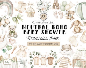 Neutrale Boho Baby Shower Clipart, Aquarel Baby Clip Art, Genderneutrale Baby Shower Graphics, Boho Baby Nursery PNG, Commercieel gebruik