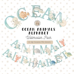 May include: Watercolor alphabet set featuring ocean animals. The letters are light blue and adorned with illustrations of sea creatures like fish, octopus, and a lobster. The text reads "Ocean Animals Alphabet Watercolor Pack".