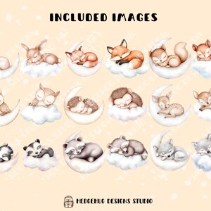 May include: A set of 12 watercolor illustrations featuring woodland animals sleeping on crescent moons. The animals include a rabbit, fox, owl, hedgehog, deer, raccoon, and wolf. Each animal is depicted in a cute and whimsical style, with soft colors and delicate details.