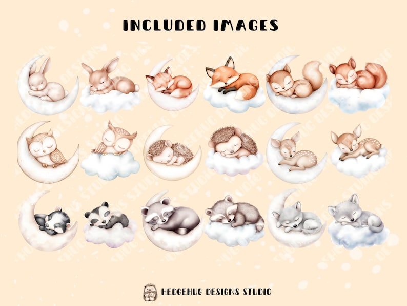 May include: A set of 12 watercolor illustrations featuring woodland animals sleeping on crescent moons. The animals include a rabbit, fox, owl, hedgehog, deer, raccoon, and wolf. Each animal is depicted in a cute and whimsical style, with soft colors and delicate details.
