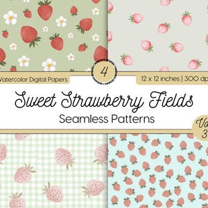 Erdbeere Musterdesigns, Aquarell Beere Digitale Papiere, Sommer Obst Muster, Grüne Gingham Scrapbook Hintergründe, Kommerzielle Nutzung