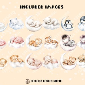 May include: A set of 12 digital illustrations featuring various animals sleeping on a crescent moon. The animals include a penguin, a flamingo, a zebra, a tiger, a lion, a polar bear, and a cheetah. The illustrations are in a watercolor style and are perfect for use in digital scrapbooking, card making, and other creative projects.