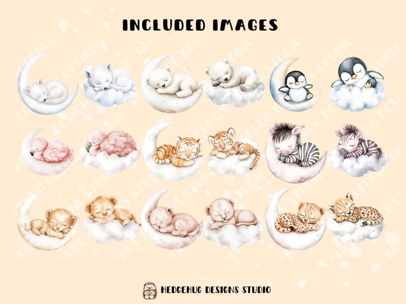May include: A set of 12 digital illustrations featuring various animals sleeping on a crescent moon. The animals include a penguin, a flamingo, a zebra, a tiger, a lion, a polar bear, and a cheetah. The illustrations are in a watercolor style and are perfect for use in digital scrapbooking, card making, and other creative projects.