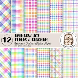 Puede incluir: Una colección de 12 papeles digitales con diseños de cuadros y cuadros de arcoíris. Los diseños incluyen varios cuadros de estilo acuarela en una gama de colores. El texto dice "RAINBOW JOY PLAIDS & GINGHAM Seamless Pattern Digital Paper 300 DPI 30.5 x 30.5 cm."