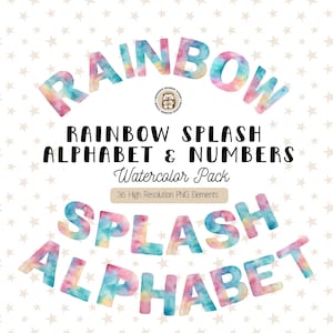 Rainbow Splash Watercolor Clipart, Pastel Color Alphabet PNG, Letters & Numbers - Pastel Font PNGs for Nursery, Kids Crafts, Sublimation