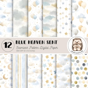 Puede incluir: Una colección de 12 patrones digitales sin costuras con temática de bebé. Los patrones presentan diseños de acuarela de globos, nubes, estrellas y rayas en tonos de azul, dorado y blanco. Se muestra el texto "BLUE HEAVEN SENT".
