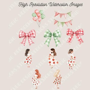 May include: Watercolor illustrations featuring the text "APPLE OF MY EYE" and "High Resolution Watercolor Images." The image includes bows, balloons, bunting, and figures in apple-print dresses. The color palette is soft, with pinks, greens, and reds.