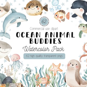 Paquete de imágenes prediseñadas de vida marina en acuarela, paquete de imágenes prediseñadas de animales lindos del océano, PNG de animales marinos, arte infantil, uso comercial, descarga digital