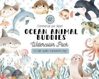 Op de afbeelding: Waterverf clipart set van zeedieren, waaronder een haai, een dolfijn, een octopus, een schildpad, een zeester, een zeepaardje en een zeehond. De set bevat ook koraal, zeewier en bubbels. De tekst "Ocean Animal Buddies Watercolor Pack" en "62 high quality transparent pngs" is in de afbeelding opgenomen.