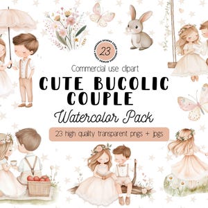 Pacchetto di clipart acquerello di coppia bucolica vintage carina, illustrazioni romantiche di San Valentino in campagna, clip art di romanticismo senza tempo, uso commerciale