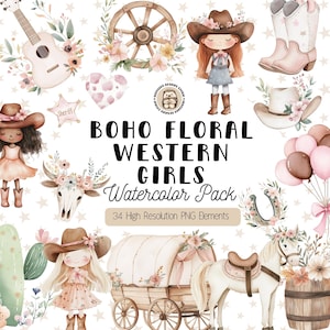 Cute Boho Western Girls Clipart, Floral Cowgirl PNG, Baby Cowgirl Watercolor Images, Cute Wild West Clip Art Pack, Pink Rodeo Graphics Set