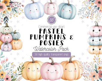 Pastel Pumpkins & Posies Watercolor Clipart, Cute Fall Floral Illustrations, Sweet Pumpkin PNG, Autumn Floral Clipart, Commercial Use