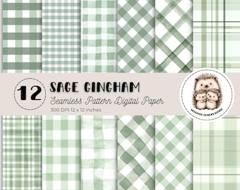 Aquarell weise Gingham digitales Papier, grün kariertes nahtloses Muster, Aquarell Karos Hintergrundtextur, Cottagecore Vintage Sammelalbum