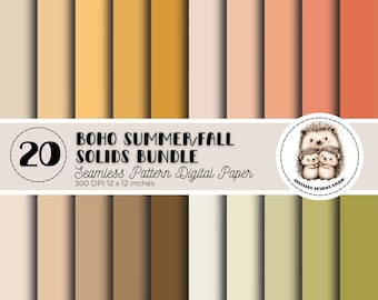 Paquete de papel digital de verano de colores sólidos, 20 fondos sin costuras, papel otoñal en tonos tierra cálidos, papel para scrapbooking, descarga digital