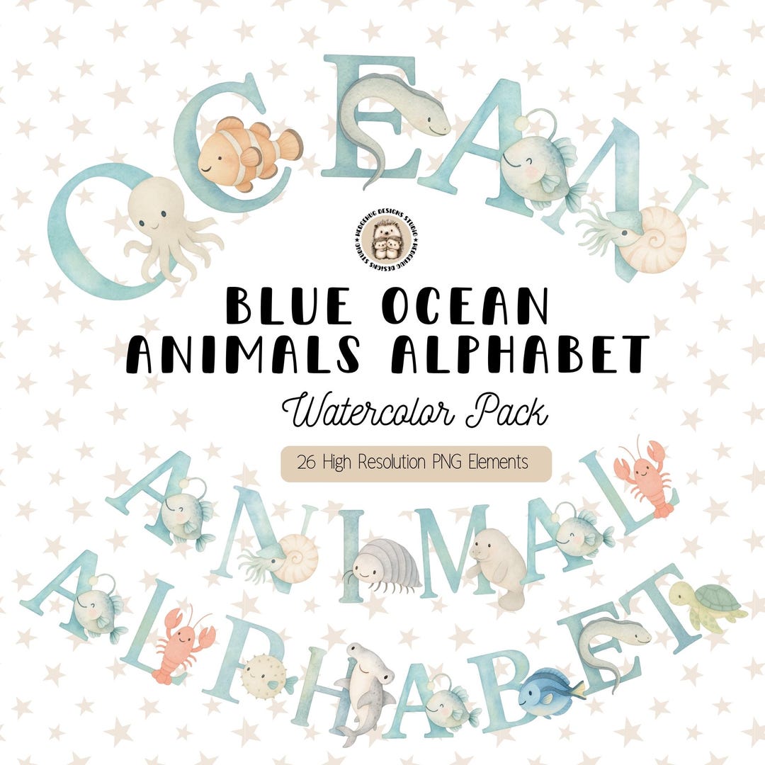 Blue Ocean Animals Alphabet Clipart, Watercolor Sea Creatures ABC ...