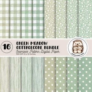 May include: A collection of 16 seamless digital paper patterns in green hues. Designs include gingham, floral, striped, and polka dot patterns. The text reads "Green Meadow Cottagecore Bundle Seamless Pattern Digital Paper 300 DPI 30.5 x 30.5 cm."