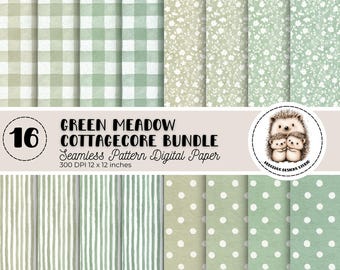 Sage Grünes Cottagecore Digitales Papier - 16 Nahtlose Fall Gingham, Florale, Streifen & Dot Muster