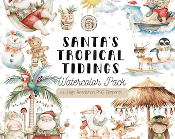 Tropical Christmas Clipart Set – Watercolor Santa Beach Holiday PNG Pack (Digital Download, Commercial Use)