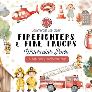 Clipart de acuarela de bombero, camión de bomberos PNG, imágenes digitales de camión de bomberos, ilustraciones de bomberos y bomberas, gráficos de arte para guardería infantil