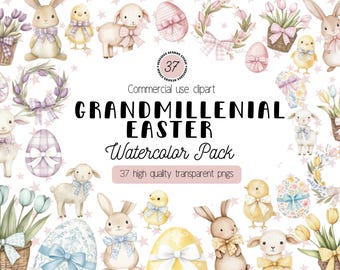 May include: A watercolor clipart pack with 37 high quality transparent pngs featuring a pastel color palette. The pack includes images of bunnies, chicks, lambs, eggs, flowers, and wreaths. The text "Grandmillennial Easter Watercolor Pack" is featured in the center of the image.
