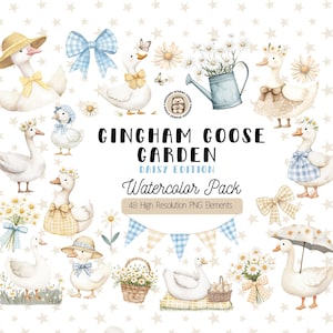 May include: Watercolor clipart set featuring 48 high resolution PNG elements of cute geese, daisies, gingham bows, watering cans, and other garden elements. The set is titled "Gingham Goose Garden Daisy Edition Watercolor Pack".