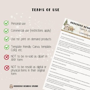 May include: Terms of use document with green checkmarks for permitted uses: personal, commercial (with restrictions), print-on-demand, and template-friendly. Red X marks indicate restrictions on reselling clipart or digital/physical items. The document includes a license agreement.