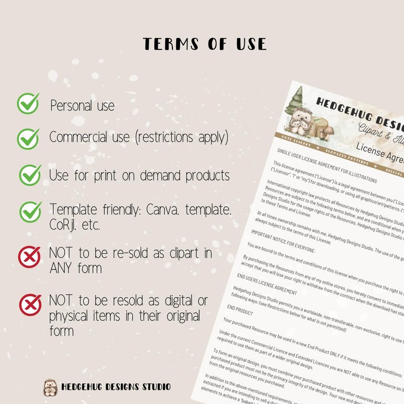 May include: Terms of use document with green checkmarks for permitted uses: personal, commercial (with restrictions), print-on-demand, and template-friendly. Red X marks indicate restrictions on reselling clipart or digital/physical items. The document includes a license agreement.