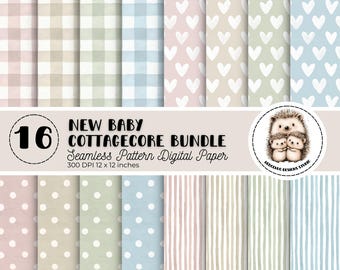 Baby Cottagecore Seamless Digital Papers | Pink, Blue & Neutral Watercolor Patterns | Gingham, Polka Dot, Stripes, Hearts, Scrapbooking JPGs