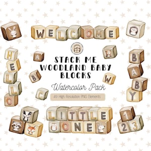 May include: A set of 49 watercolor illustrations of wooden baby blocks with woodland animal designs. The blocks spell out "Welcome", "Hello", "Baby", "Little One", and "123".
