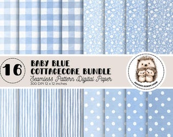 Babyblauw Cottagecore digitaal papierpakket: naadloos gingham-ruit, bloemen, streeppatronen (digitale download, commercieel gebruik)