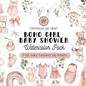Boho babymeisje douche clipart, aquarel babyshower png, blush roze babymeisje clipart, schattige babyillustraties, babykleertjes, ballonnen