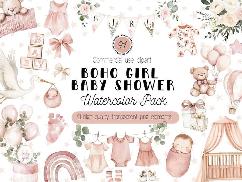 Boho Baby Girl Shower Clipart, Watercolor Baby Shower PNG, Blush Pink ...