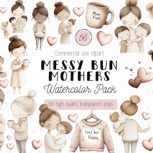 Messy Bun Mom Aquarell Clipart, Müde aber glückliche Mutterschaft PNG, Cozy Mama Life Digital Download, Mom & Baby Illustrationen, kommerzielle Nutzung