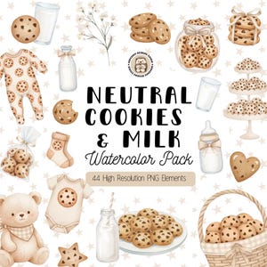 Può includere: Illustrazione ad acquerello con biscotti e latte. L'immagine include biscotti, bottiglie di latte, un body per neonati, un orsacchiotto e il testo "NEUTRAL COOKIES & MILK Watercolor Pack". L'immagine ha una palette di colori neutri con uno sfondo di stelle.