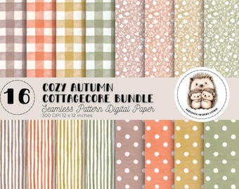 May include: A digital paper bundle featuring 16 seamless patterns in a cozy autumn cottagecore theme. The patterns include gingham, floral, stripes, and polka dots in warm colors. The image includes the text "COZY AUTUMN COTTAGECORE BUNDLE" and "12 x 12 inches".