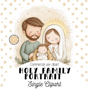 Schattige kerststal aquarel clipart – Heilige familie portret kersttafereel digitale kunst met Maria en Jozef, kindje Jezus, bijbelse illustratie