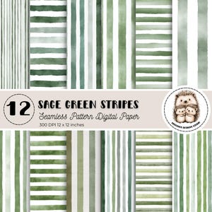 Sage Green Stripe Digital Paper Set, Watercolor Seamless Patterns, Vertical & Horizontal Stripes, Background Texture, Vintage Scrapbook JPG