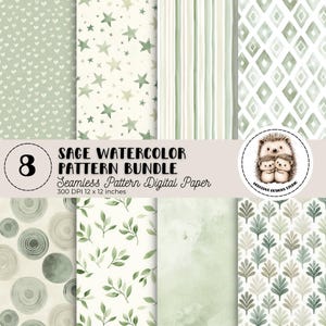 Sage Green Watercolor Digital Paper Bundle | 8 Gender Neutral Seamless Patterns | Nursery Scrapbook Backgrounds | Commercial Use