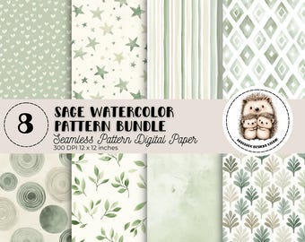 Sage Green Watercolor Digital Paper Bundle | 8 Gender Neutral Seamless Patterns | Nursery Scrapbook Backgrounds | Commercial Use