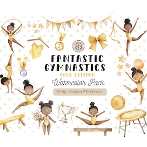 Cute Gymnastic Clipart, Watercolor Gymnastics Clipart, Gold Gymnastic PNG, Rhythmic Gymnastics Clipart, Balance Beam, Splits, Ribbon