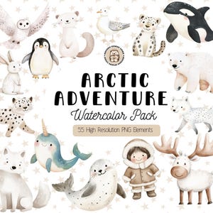 Arctic Animals Watercolor Clipart, Cute Winter Animal PNG, Polar Wildlife Images,| Nursery Arctic Animal Illustration, Digital Download