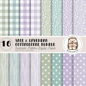 May include: A digital paper bundle featuring 16 seamless patterns in sage and lavender colors. The patterns include gingham, floral, stripes, and polka dots. The text reads "Sage & Lavendar Cottagecore Bundle Seamless Pattern Digital Paper 300 DPI 12 x 12 inches."
