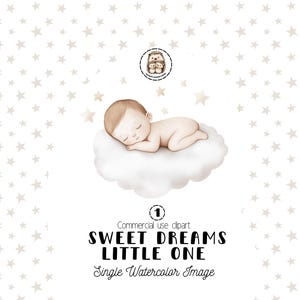 Clipart de bebé "Dulces sueños", bebé durmiendo en una nube (PNG), acuarela para guardería, imagen de baby shower, bebé celestial, bebé nacido durmiendo (PNG)