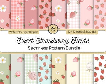 Strawberry Seamless Pattern Bundle, Watercolor Cottagecore Digital Papers, Retro Pastel Spring Pattern, Floral Fruit Gingham Backgrounds