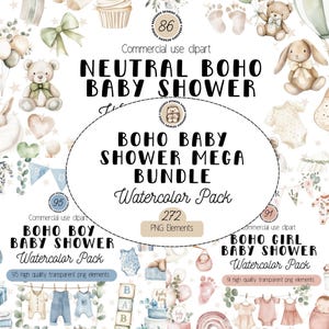 Cute Boho Baby Shower Clipart Bundle, Watercolor Baby Clip Art, Boho Baby Nursery PNG, Baby Girl, Baby Boy, Gender Neutral, Commercial Use